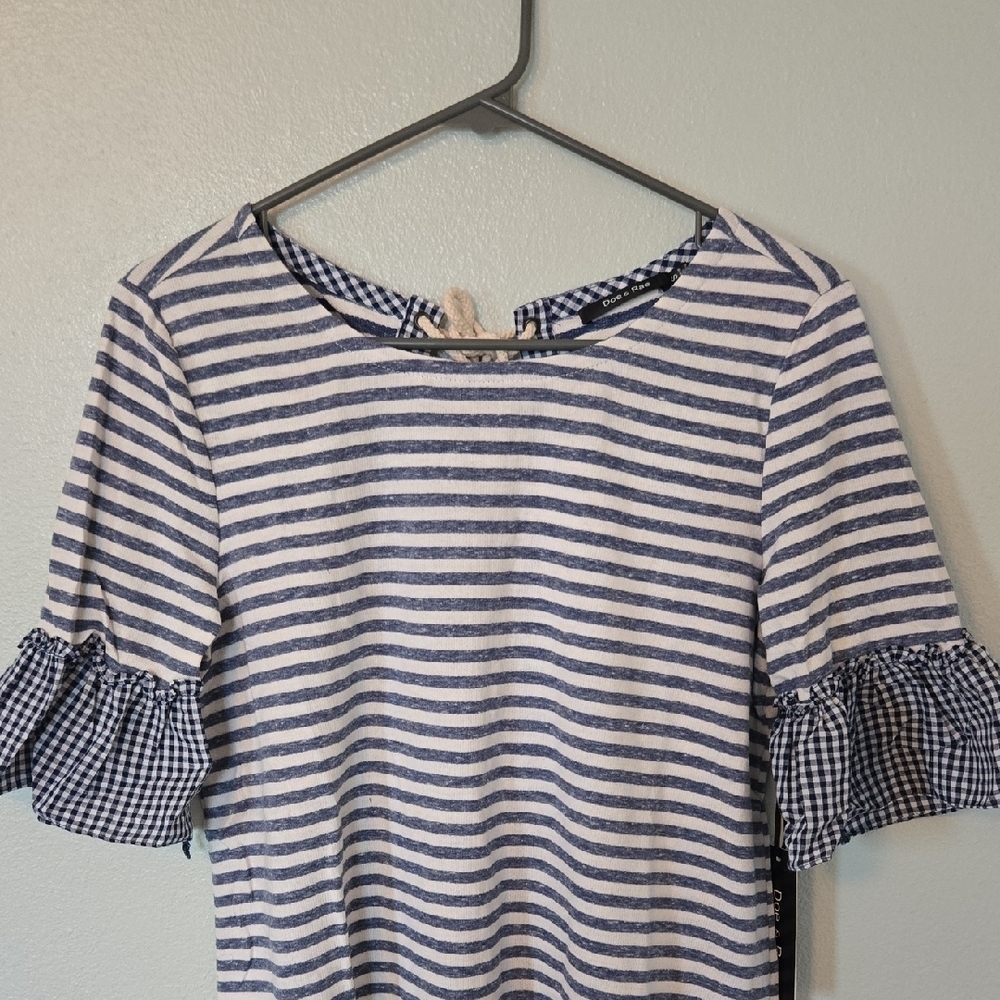 Doe & Rae | Blue Striped Lace Up Back Gingham Sleeves Top Size Small NWT